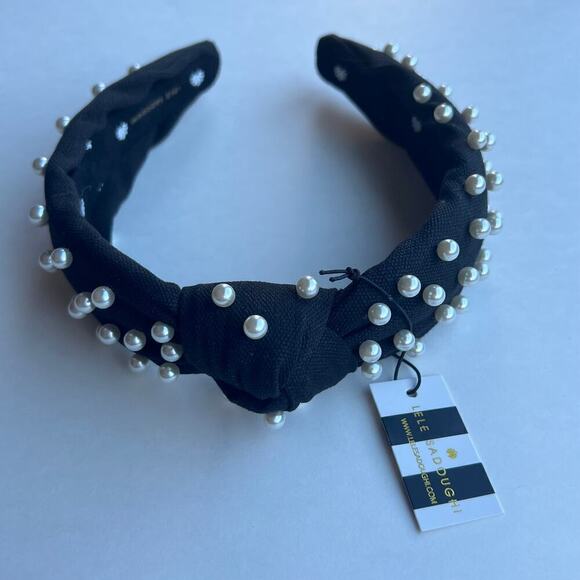 RARE Lele Sadoughi Timeless Chic Black Knotted Pearl Headband Gold Logo - Picture 3 of 9